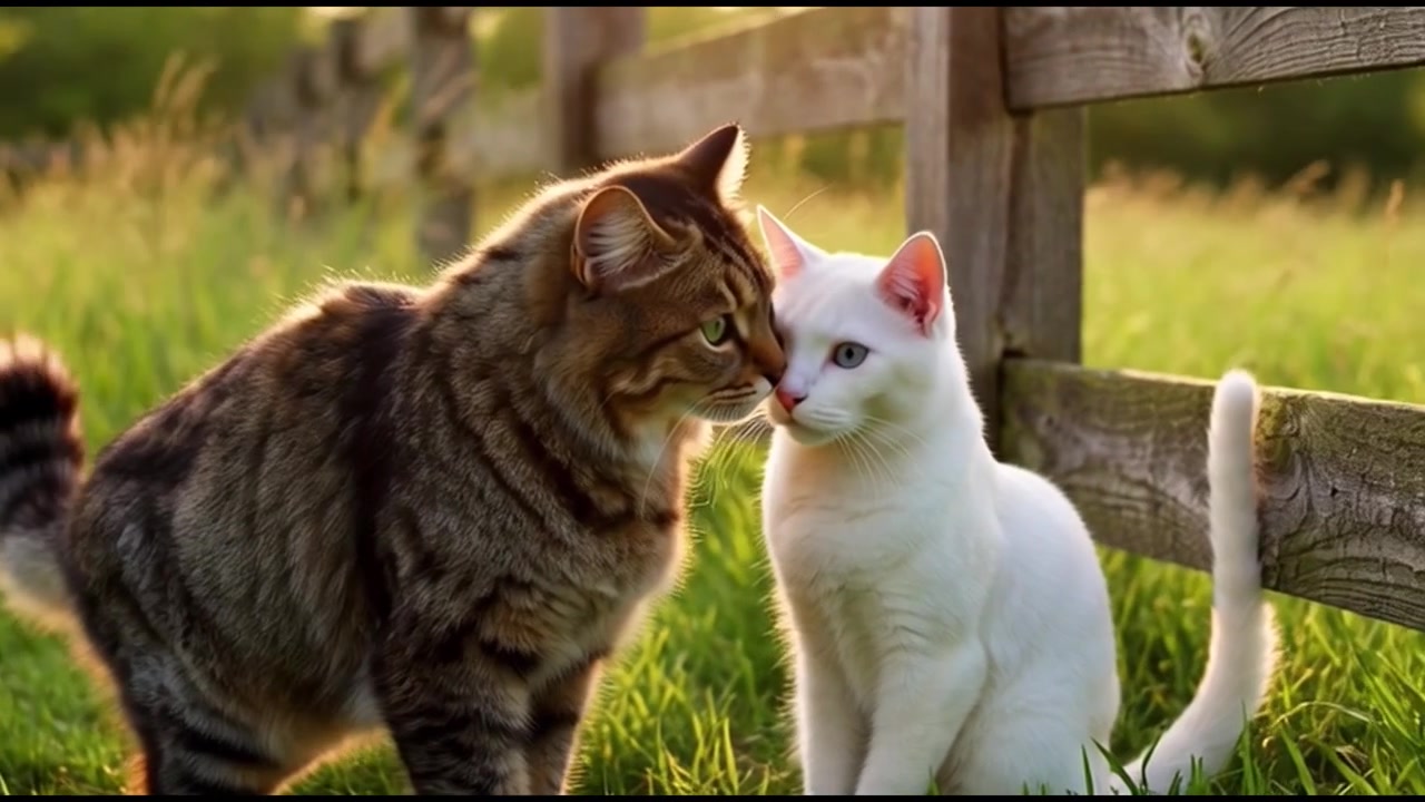 Gatto tigrato e bianco che si toccano il naso in un campo erboso.