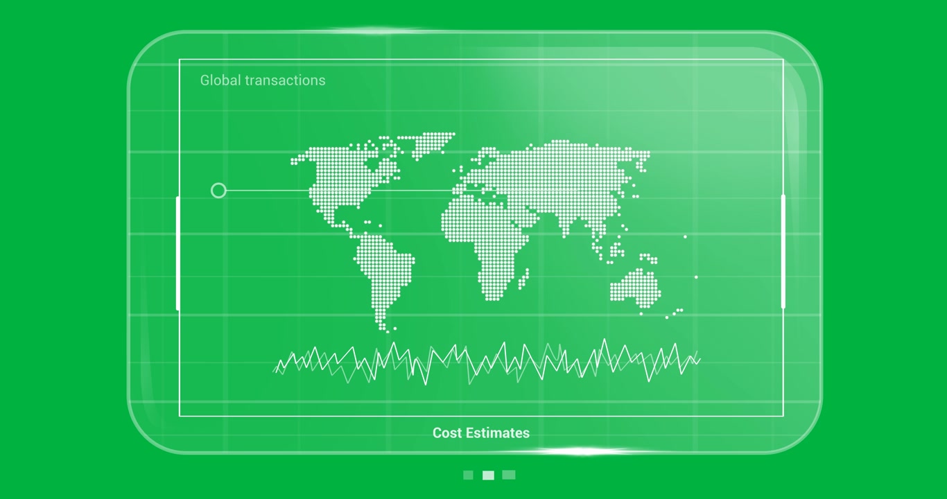 Animation of global transactions cost estimates text and world map on tablet, transparent background