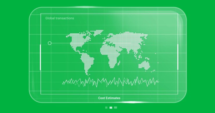 Animation of global transactions cost estimates text and world map on tablet, transparent background