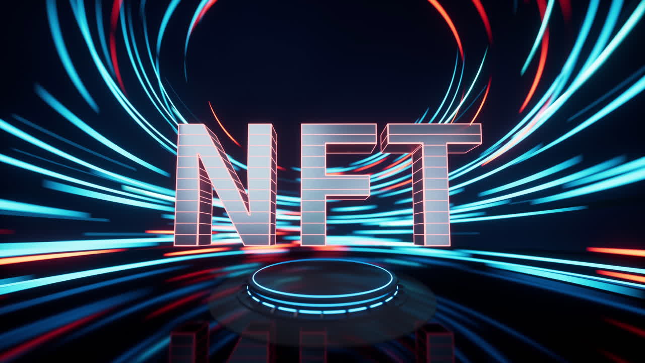 Concetto NFT con sfondo effetto linee rotanti, rendering 3D