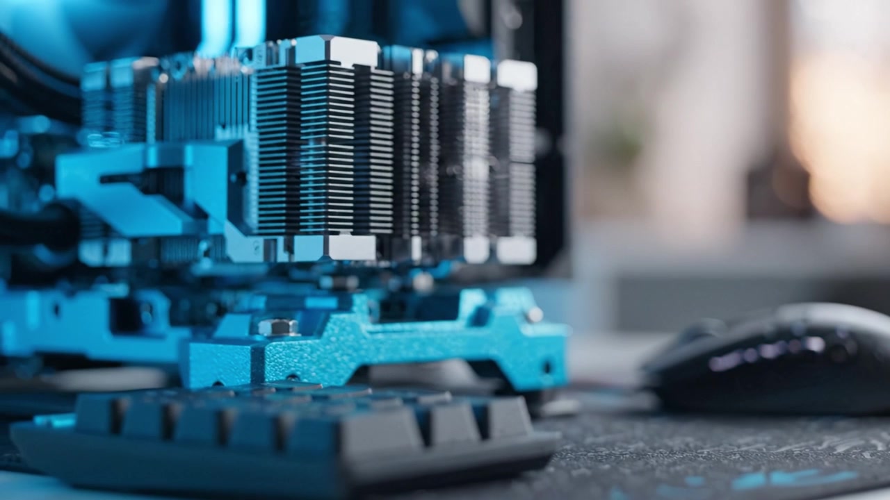 Close-Up of a High-Performance Computer Cooling System with Enhanced Heat Sink and RGB Lighting in a Modern Workspace Setup, Showcasing Advanced Technology