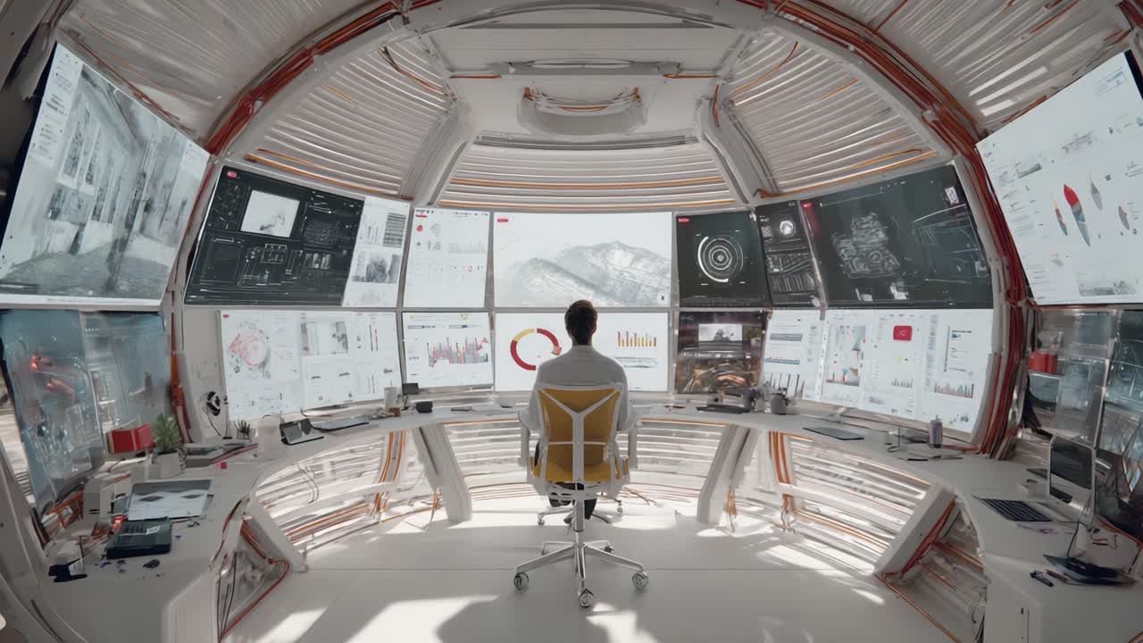 An Innovative Futuristic Command Center with Multiple Screens Displaying Data, Charts, and Visuals, Engaged User Analyzing Information in a High-Tech Environment Surrounded by Streamlined Design