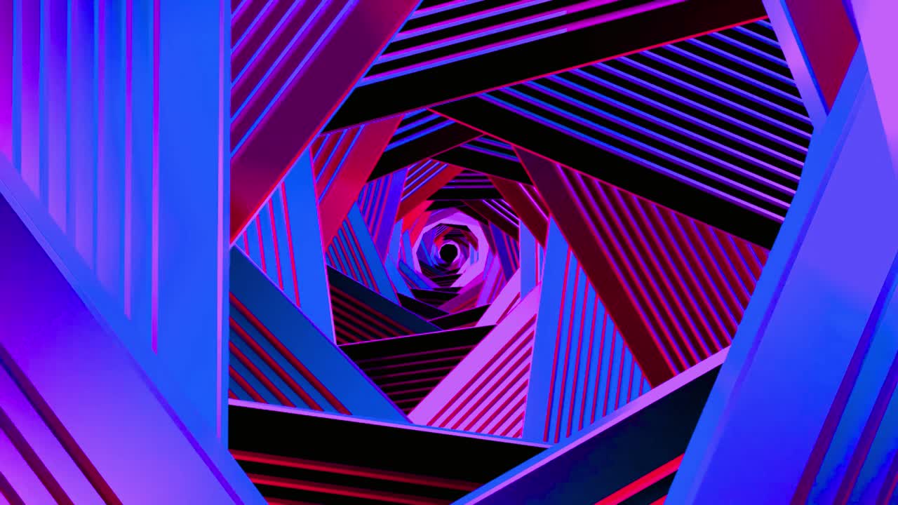 Abstraktní rotující tunel zářivých neonových geometrických tvarů