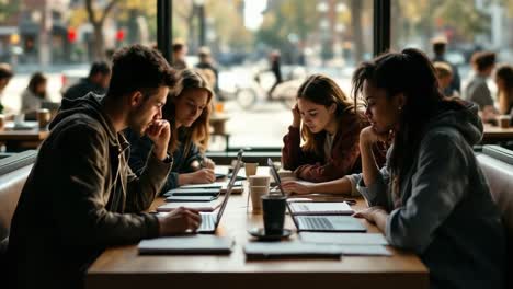 students collaborating and studying in a busy cafe