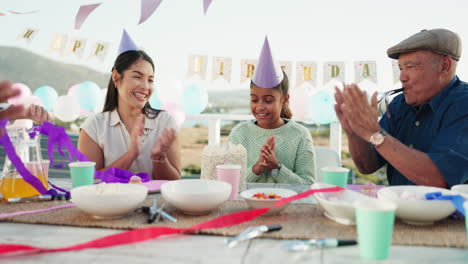 kids, birthday party and grandfather in outdoor