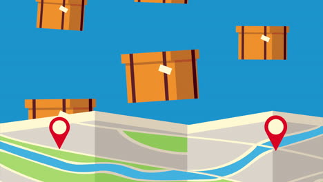 paper map and boxes delivery service animation