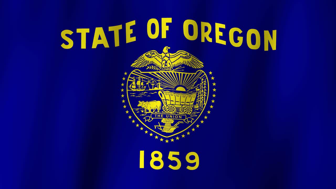 Loopable state flag of the State of Oregon. Digital animation waving background. (United States of America). Front side with logo.