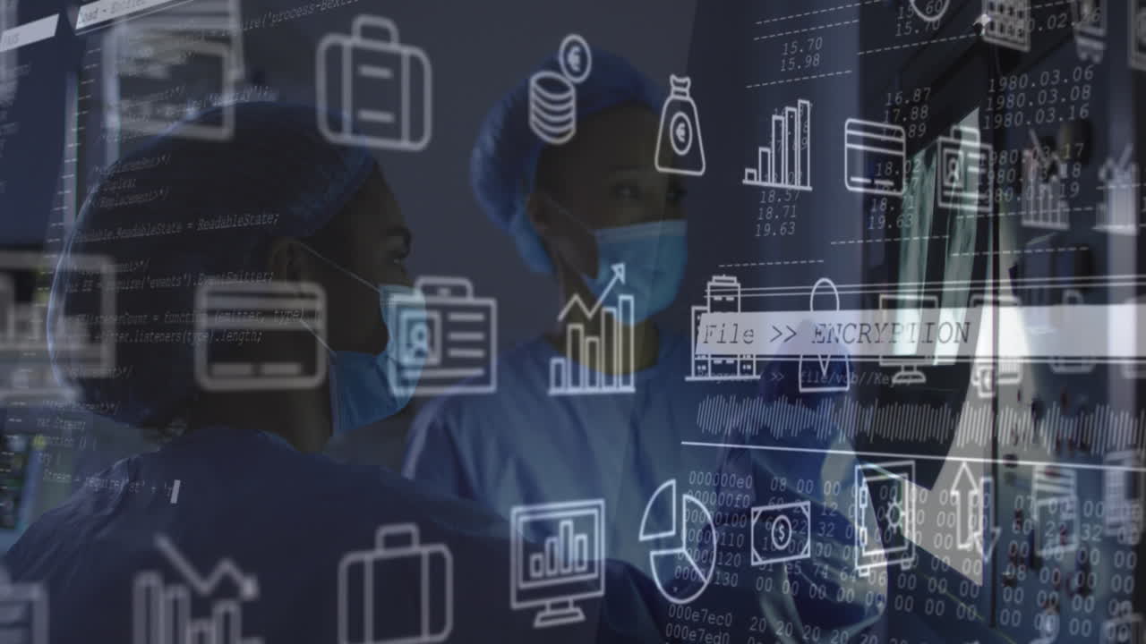 animación de iconos médicos sobre varios médicos con máscaras faciales