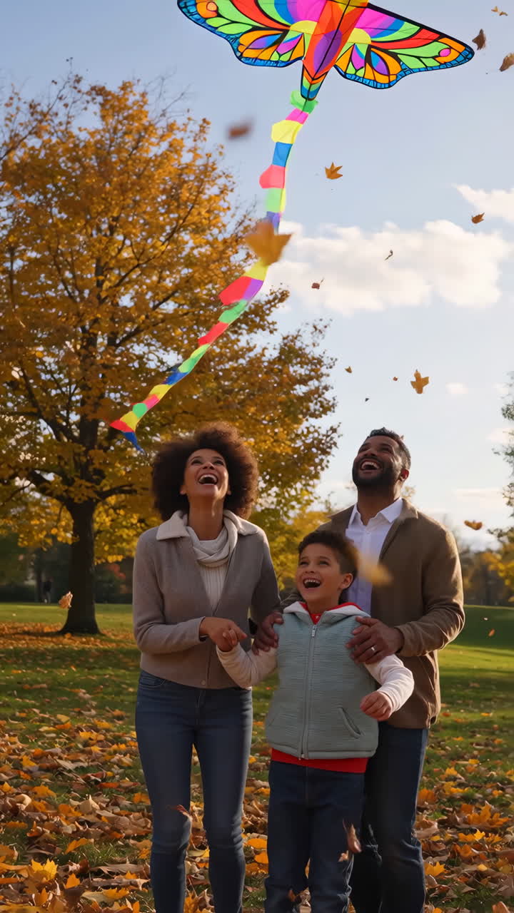 Happy Family Playing with a Kite in an Autumn Park