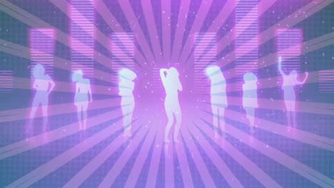 Animation-Mehrerer-Silhouetten,-Die-Auf-Einem-Rosafarbenen-Equalizer-Auf-Einem-Violetten-Rotierenden-Hintergrund-Tanzen