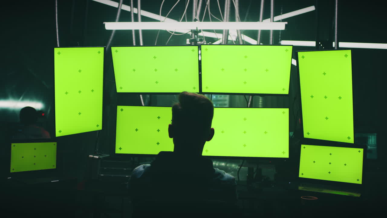 Silhouette of Person Looking at Multiple Green Screen Monitors in a Dark Tech Room