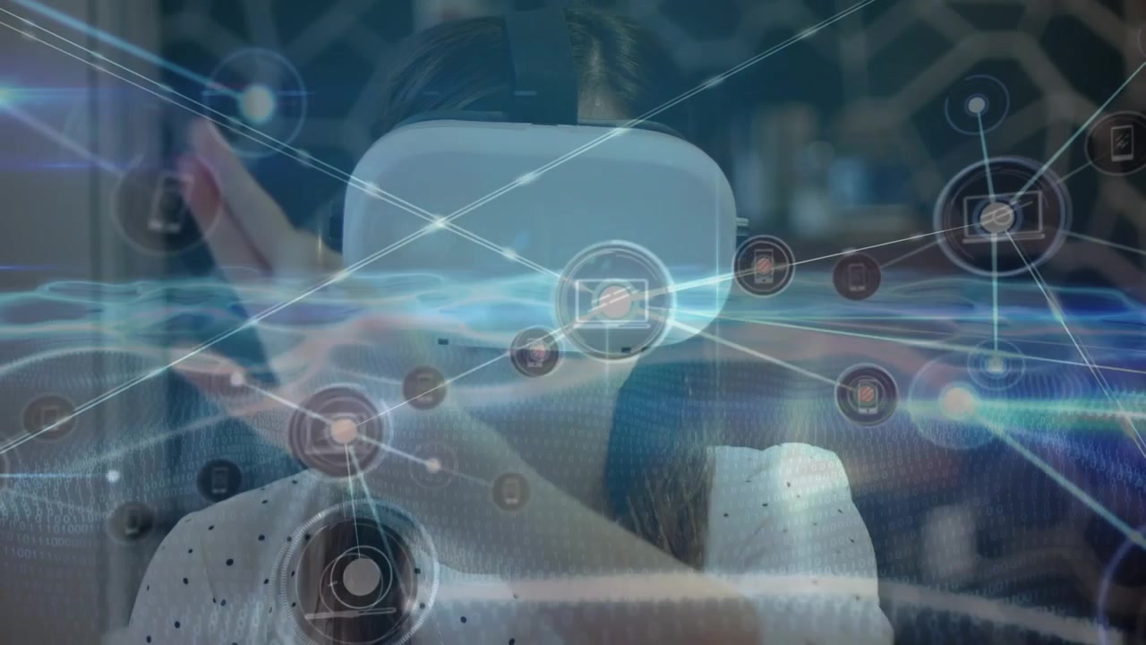 Animation of network of connections with icons and light spots over caucasian woman using vr headset