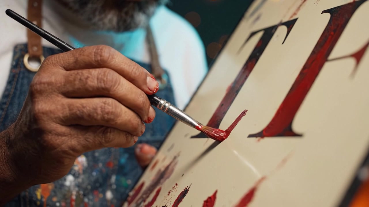 Maestria Artística em Progresso: Um Artesão Habilidoso Pintando Letras com Tinta Vermelha Intensa em Tela, Exibindo Detalhe e Habilidade em Cada Pincelada.