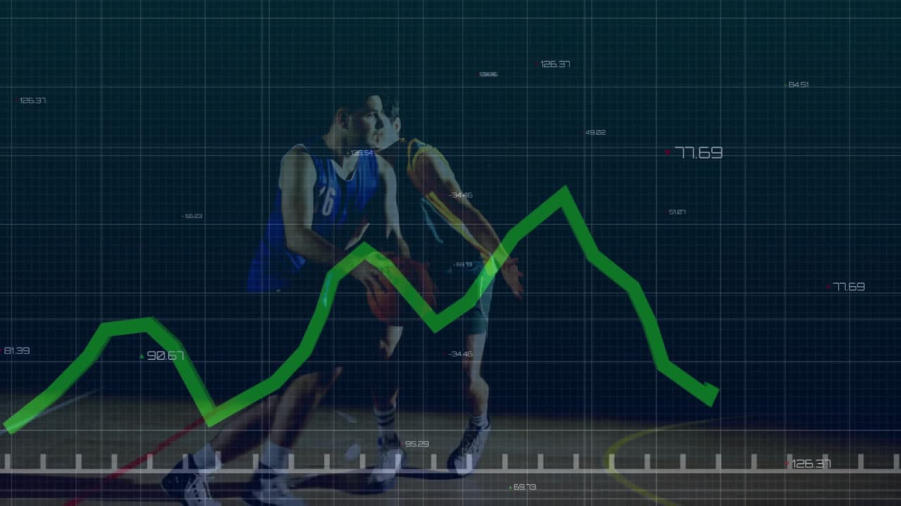 Atlet i blå trøje finter sig forbi forsvarer med et crossover, mens et basketball-diagram stiger og viser hastighedsforøgelse.