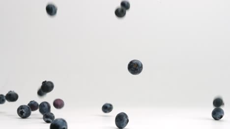 blueberries falling and bouncing in slow motion onto white studio backdrop in 4k