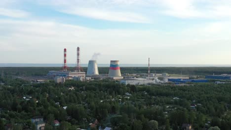 Smoking-cooling-pipes-at-power-plant.-View-from-copter