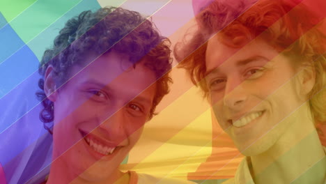 personas sonrientes con líneas diagonales de arco iris animación sobre ellos