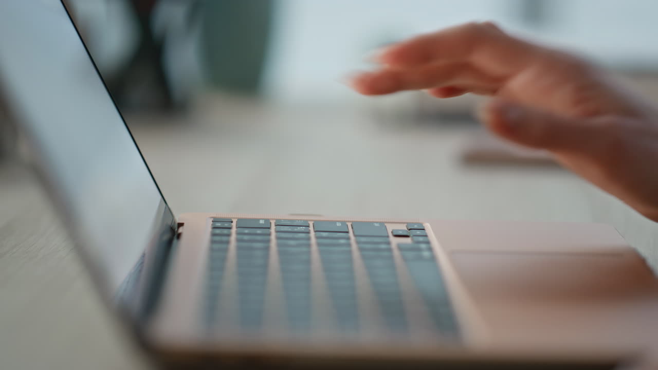 Lady hands working laptop in office desk closeup. Unrecognizable businesswoman