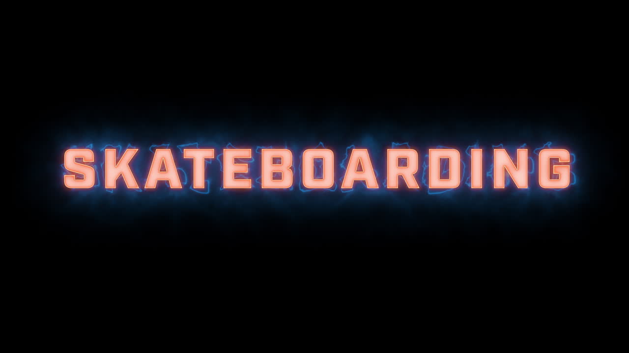 una breve revelación tipográfica de movimiento gráfico de alta calidad de las palabras "skateboarding" con varias opciones de color en un fondo negro, animada dentro y fuera con elementos eléctricos y brumosos