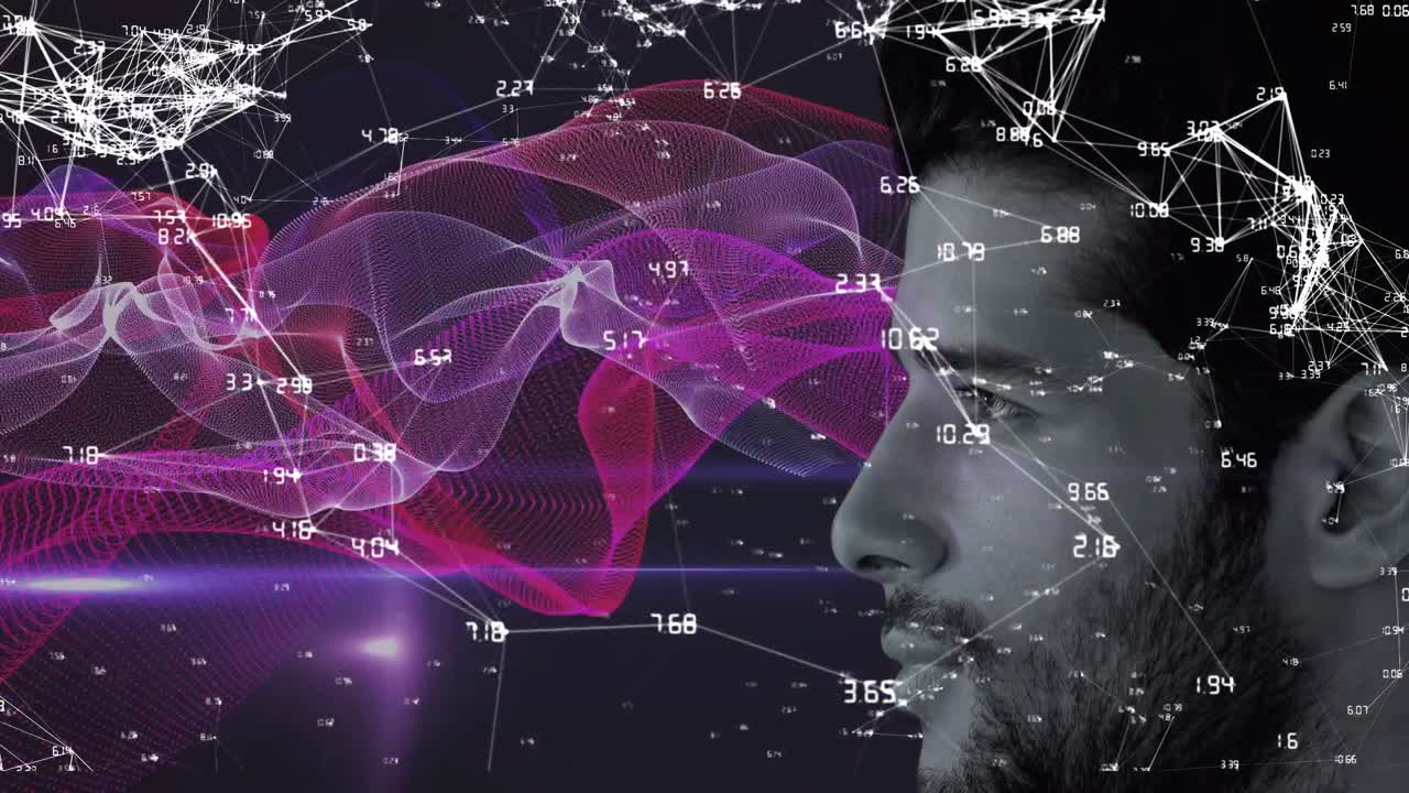 Animation of purple trails with network of connection over man's face