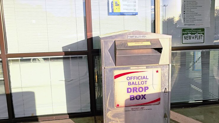 Gen Z Young Man Votes by Dropping Mail-in Ballot Letter in Slot at Voting Booth with Offical Ballot Drop Box Sign for Democratic Government Election in Presidential Race