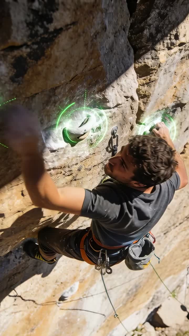 Vertical video: Shifting weight, climber reaching and regripping on crag, seeking grip with harness