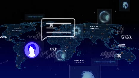 Animation-Von-Nachrichtenbox--Und-Profilsymbolen,-Globen,-Radargeräten-Und-Einer-Karte-Auf-Schwarzem-Hintergrund