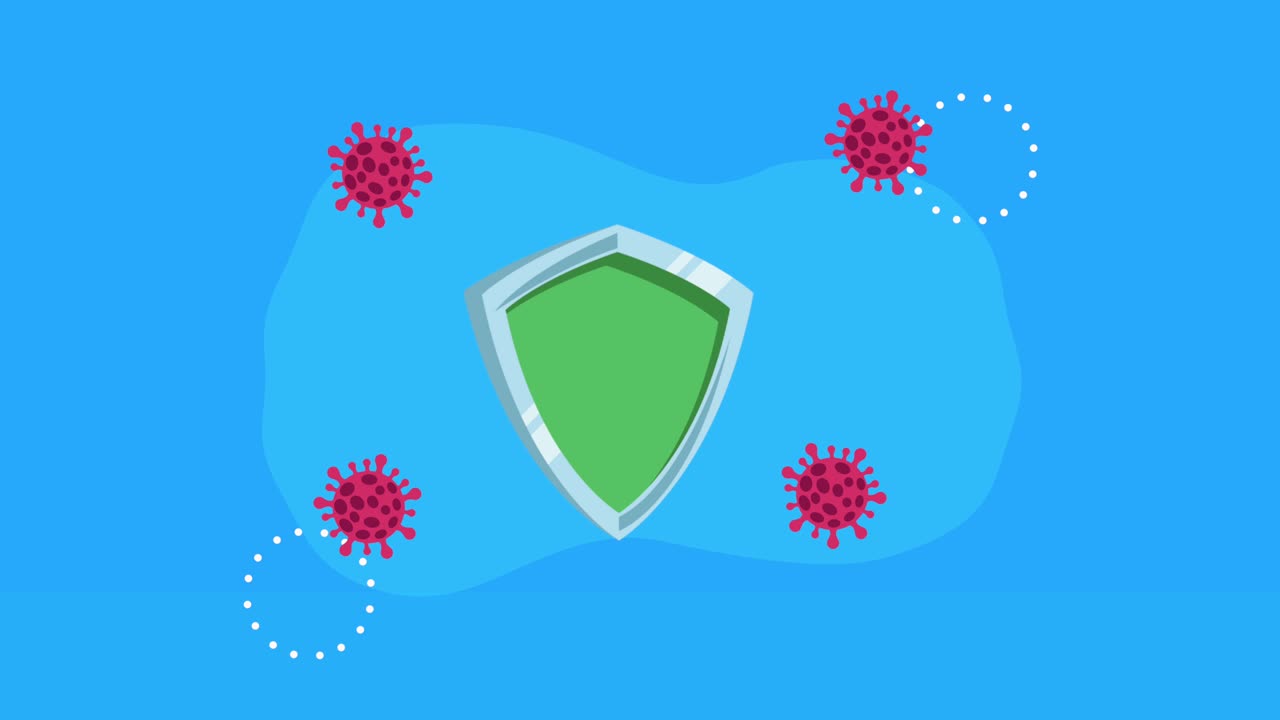 partículas pandémicas de covid-19 con animación de escudo