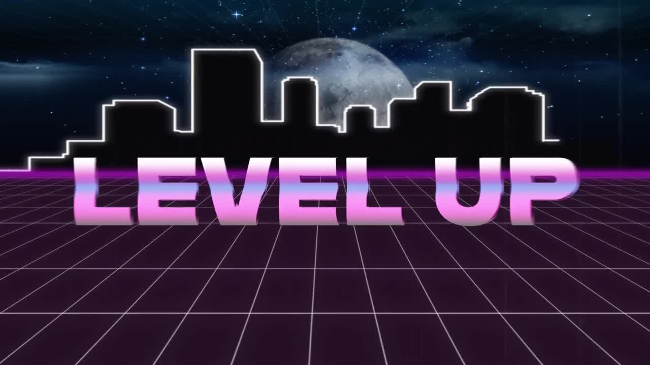 애니메이션 빈티지 비디오 게임 화면 금속 단어 레벨 업 작성