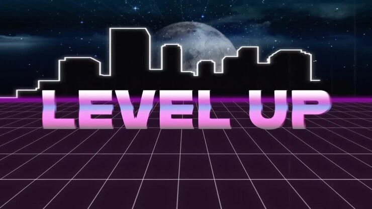 Animation vintage video game screen with metallic words level up written