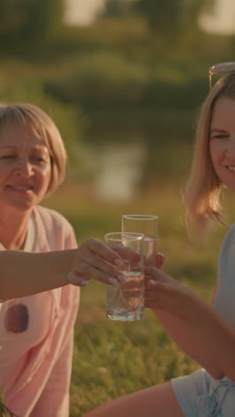 family enjoying outdoor picnic, smiling as elderly woman hands glass of water to daughter, spending quality time together under warm sunlight, with another woman holding water close by
