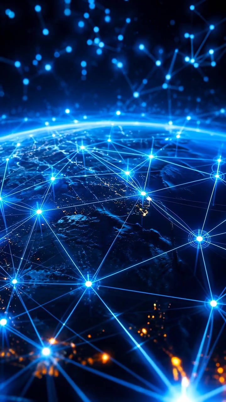 A glowing Earth fills the lower frame with bright blue nodes and thin connection lines spanning the globe against a dark space background, creating a