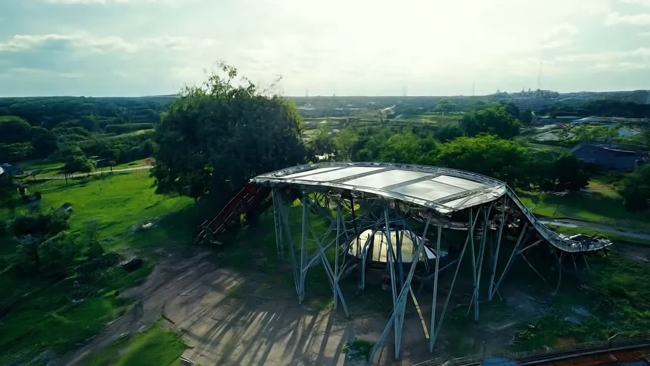 그림 같은 시골 풍경에 버려진 나무 롤러코스터를 중심으로 회전하는 카메라