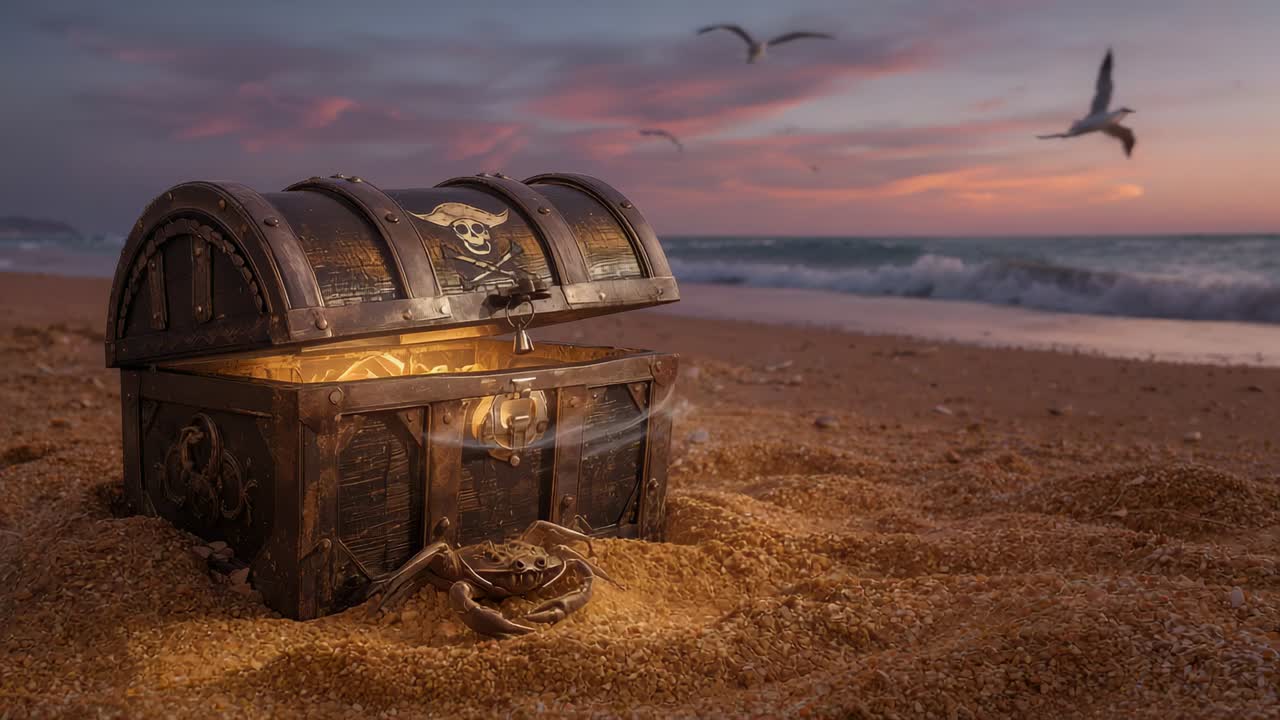 Tesoro con emblema di teschio incandescente, semisepolto sulla riva sabbiosa al tramonto, con uccelli marini in avvicinamento