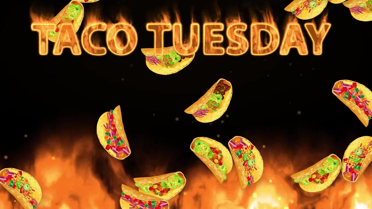 Animazione di testo infuocata con tacos che cadono su fiamme intense su uno sfondo nero