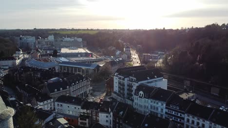 Aerial-view-above-Stolberg,-Rhineland-town-center-and-medieval-castlesurrounding-forest-hills