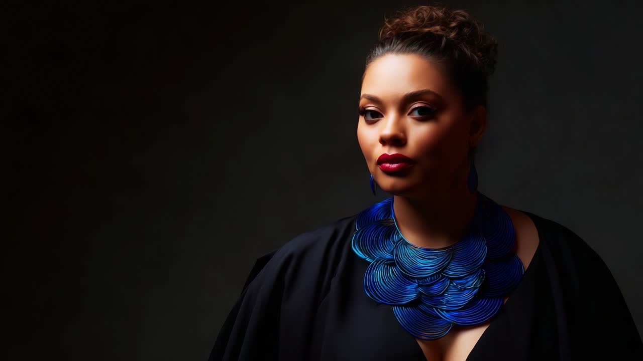 A Stunning Portrait of Grace and Elegance: A Woman Showcasing a Striking Blue Necklace in a Dramatic Lighting Setting Captivates the Viewer with Style and Confidence