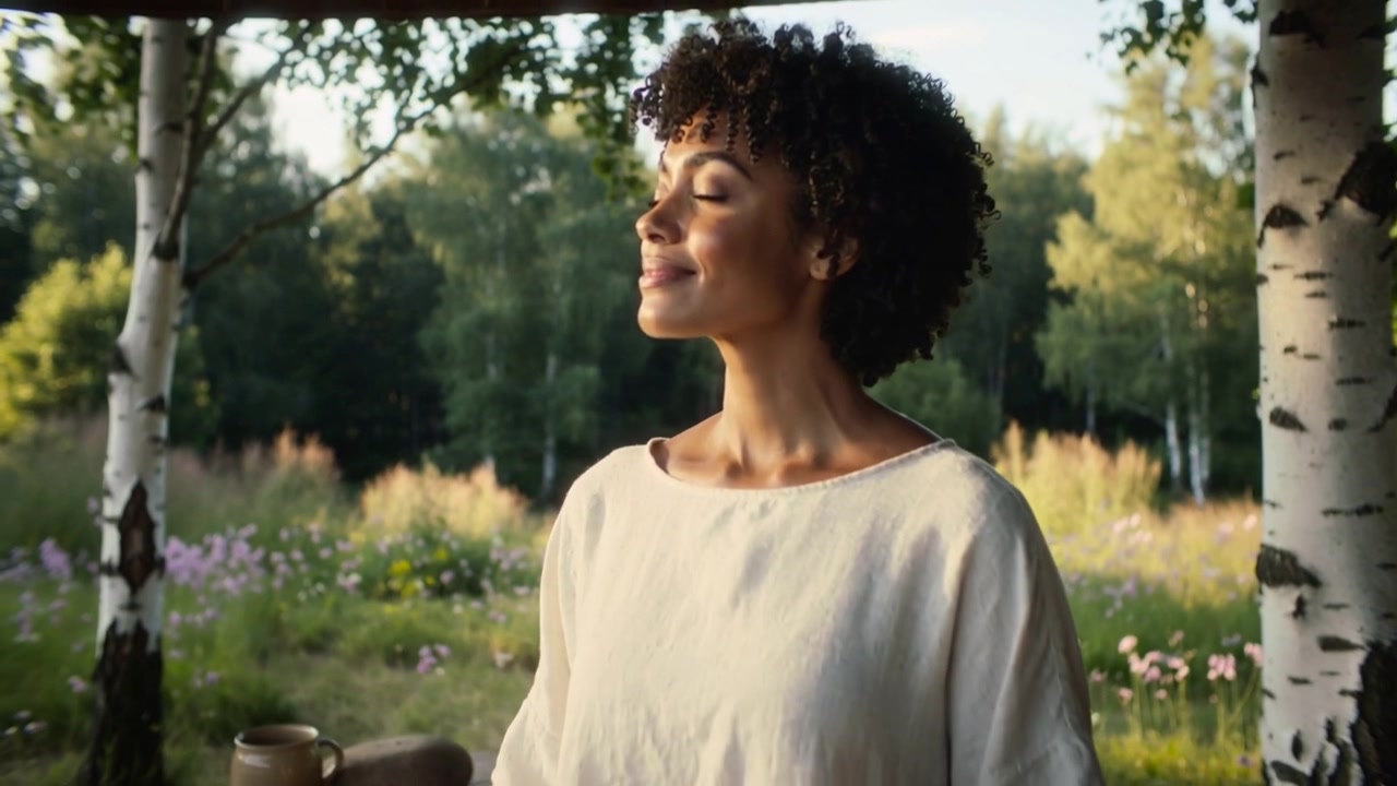 Mulher em pé saudando a luz do sol na beira da floresta, inclinando a cabeça e sorrindo perto de um banco com jarra e pedras.