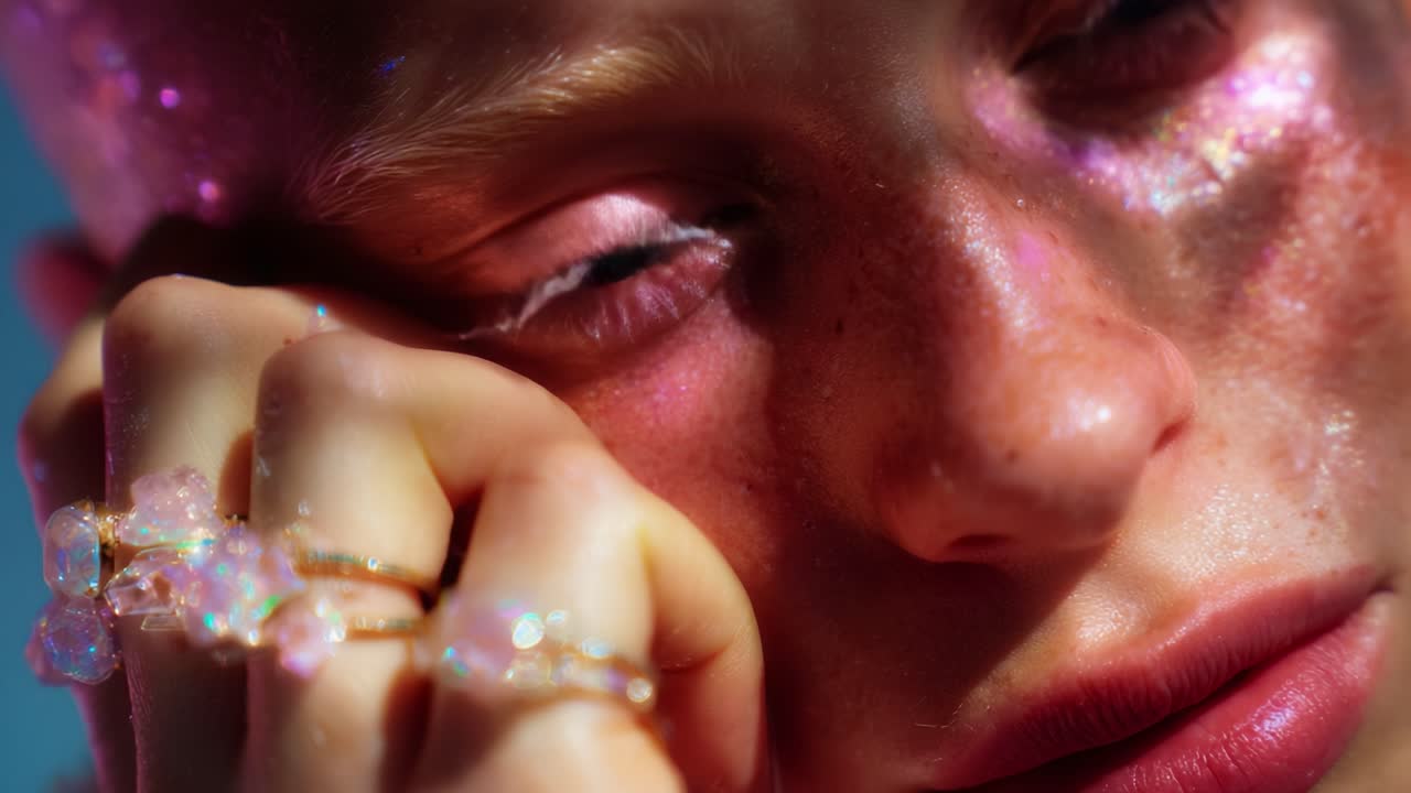 A Captivating Close-Up Portrait Featuring a Person with Glittering Makeup, Highlighting Sparkling Facial Features and Unique Accessories Against a Vibrant Background