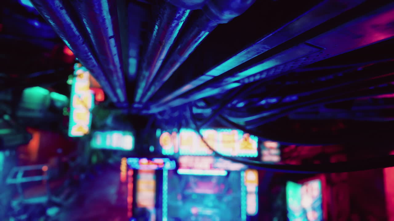 夜のサイバーパンク都市のネオンライトとケーブル