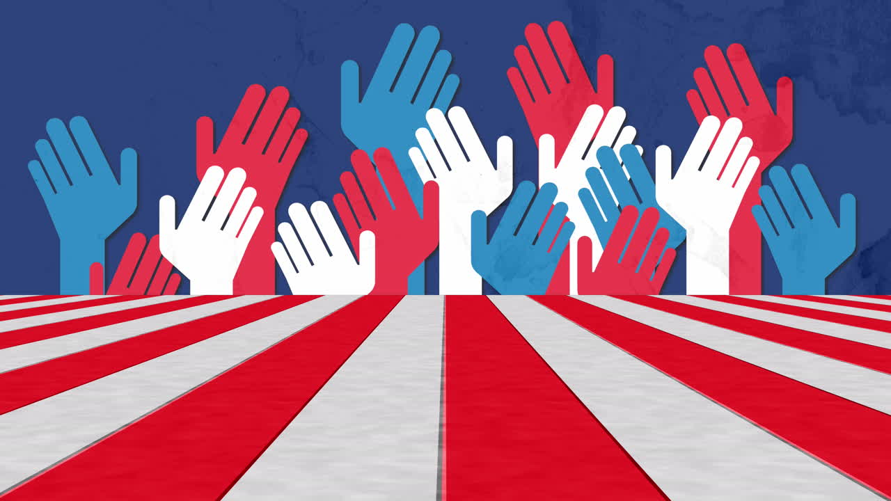 파란 바탕에 손을 가진 색과 빨간색 줄무의 애니메이션