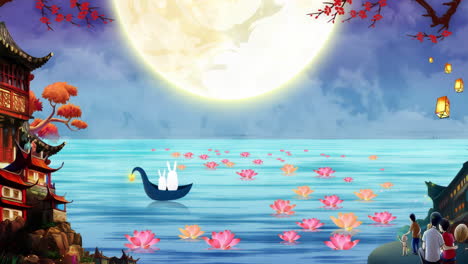 Chinese-style-Mid-Autumn-Festival-lotus-moon-plum-blossom-special-effects-of-beautiful-sky,-mountains,-flowers,-lake,-ancient-house-with-simple-animation-in-Japanese-Chinese-anime-watercolour-style