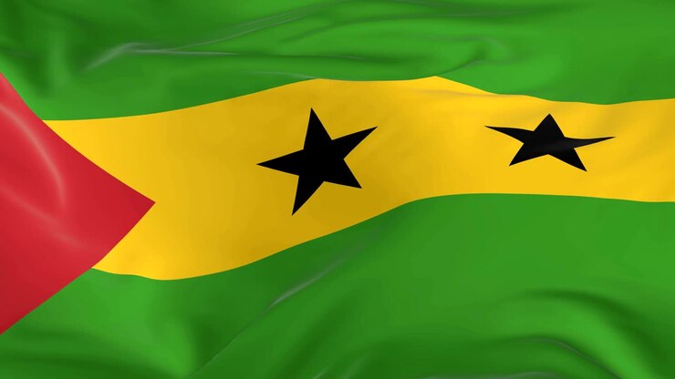 Wehende Flagge von São Tomé und Príncipe als Endlosschleife im Hintergrund.