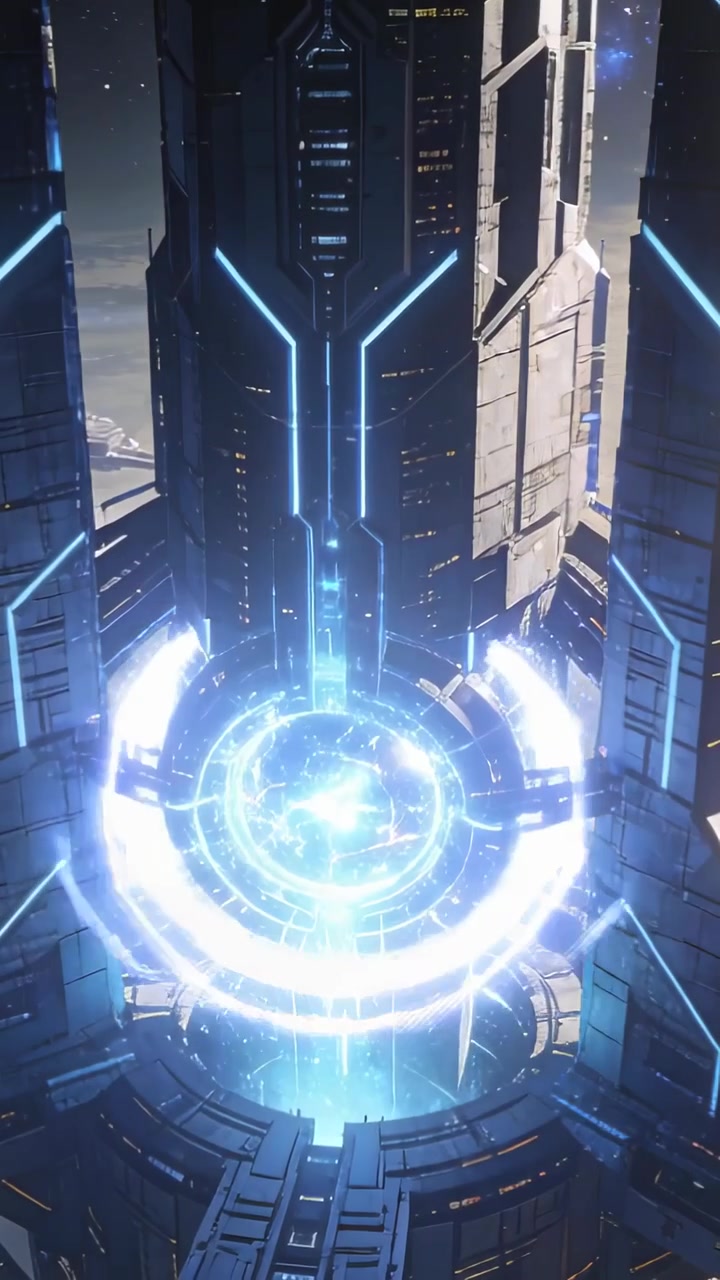 Vertical video: Surge sparking tower emitting beam, rotating energy rings, pulsing core at base