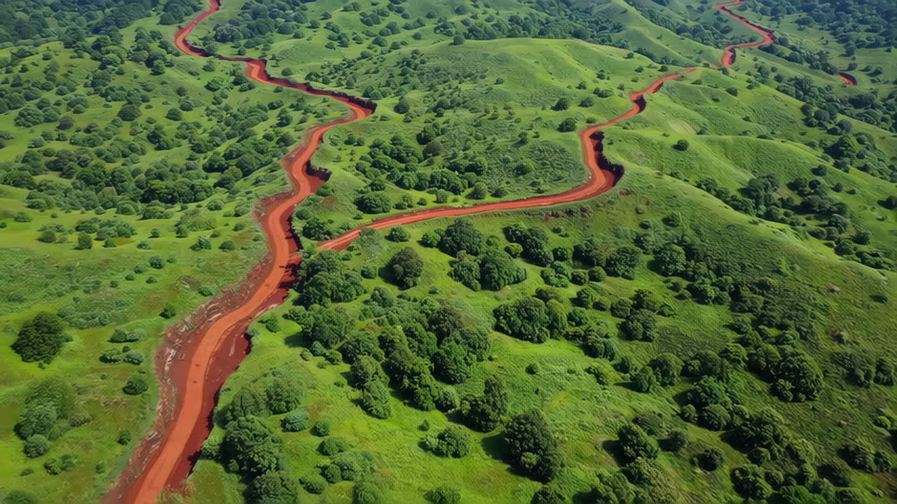 Aerial View of Winding Road through Lush Green Landscape