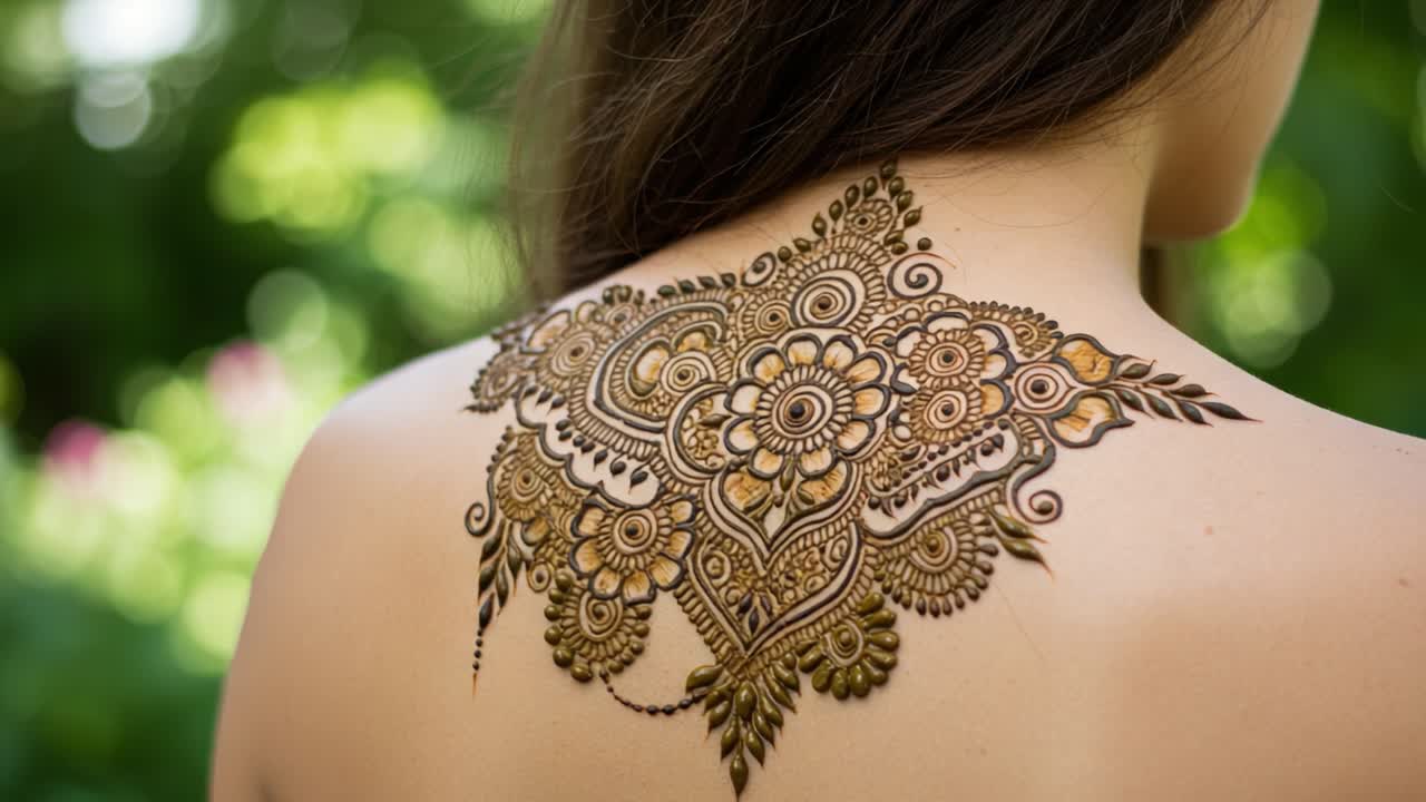 Intricato Disegno di Tatuaggio all'Henné che Adorna una Schiena: Una Bellissima Dimostrazione di Arte ed Espressione Culturale in un Contesto Naturale