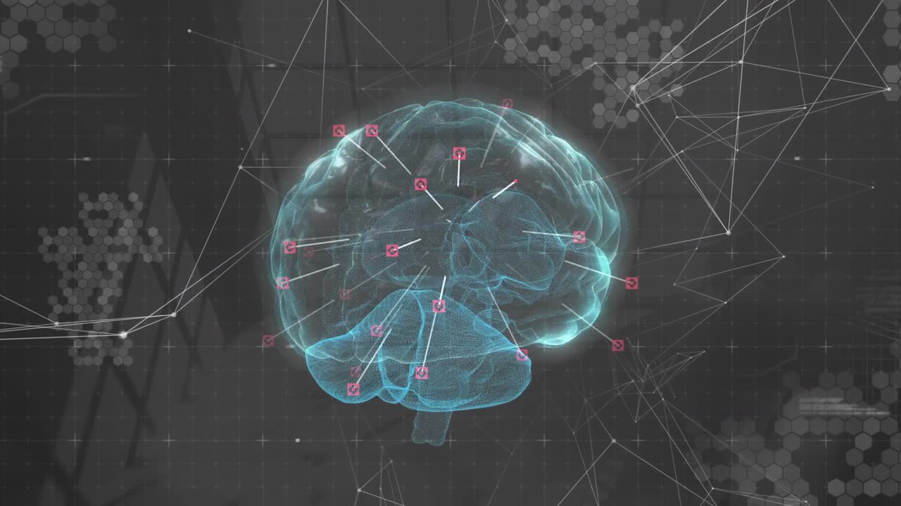 Translucent cyan 3D brain hologram rotating at start, sliding labels to highlight brain regions