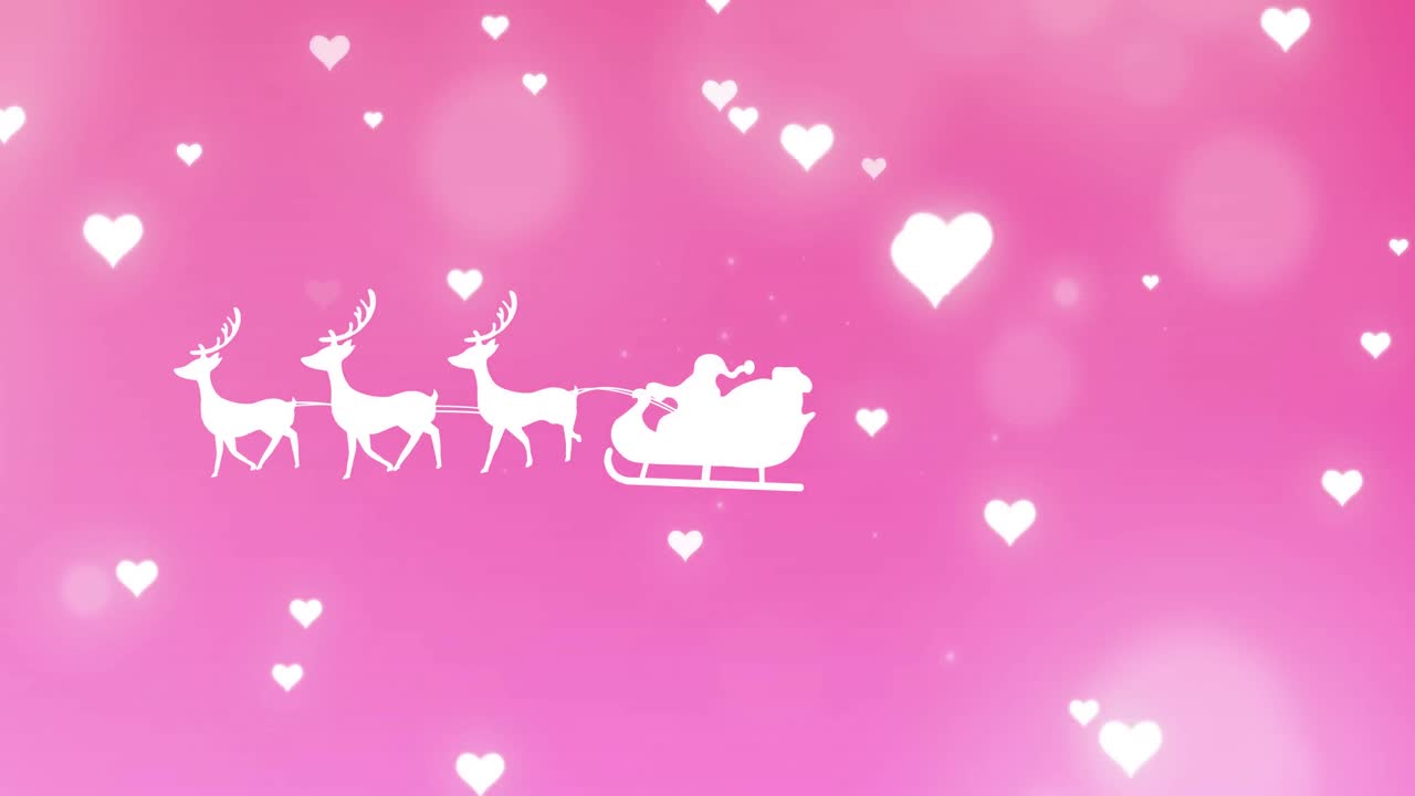 Animazione di slitta di Babbo Natale su cuori su sfondo rosa