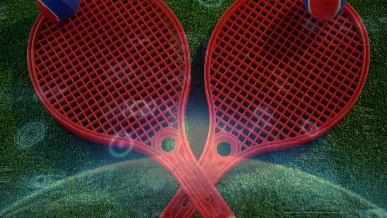 Two red plastic rackets resting on green turf, glowing with digital rings in animated flat design