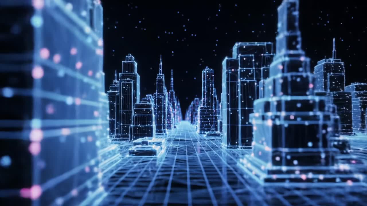 A Futuristic Cityscape with Glowing Neon Buildings in a Digital Landscape, Showcasing a High-Tech Urban Environment with a Virtual Reality Aesthetic